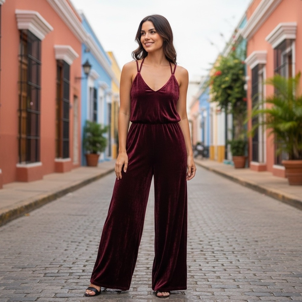 Sienna Sky Jumpsuit Womens Velvet Wide Leg Burgundy Medium Excellent Sleeveless